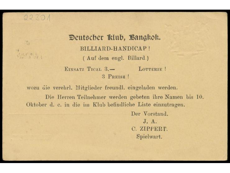 Ganzsache 3 Satang auf 1 1/2 Atts. (Ausgabe 1909) mit rückseitig  Zudruck  Deutscher Club Bangkok - Einladung zum  Billiard-H