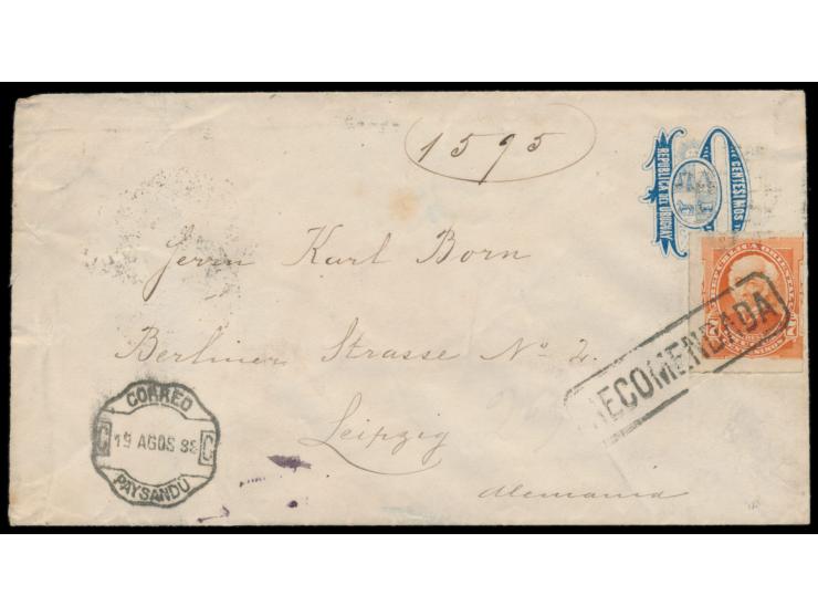 Ganzsachenumschlag 10 C. mit Zusatzfrankatur 7 C. orange (1888) vorderseitig und 1 C. grün (1888) rückseitig als  Einschreibe