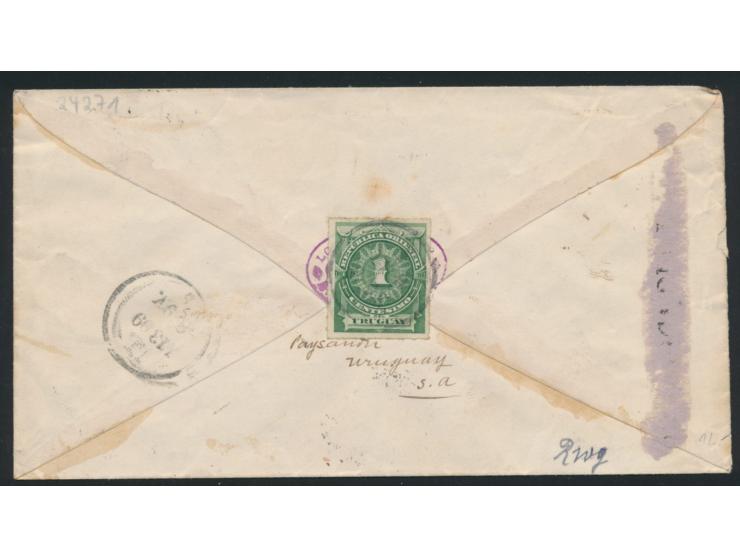 Ganzsachenumschlag 10 C. mit Zusatzfrankatur 7 C. orange (1888) vorderseitig und 1 C. grün (1888) rückseitig als  Einschreibe