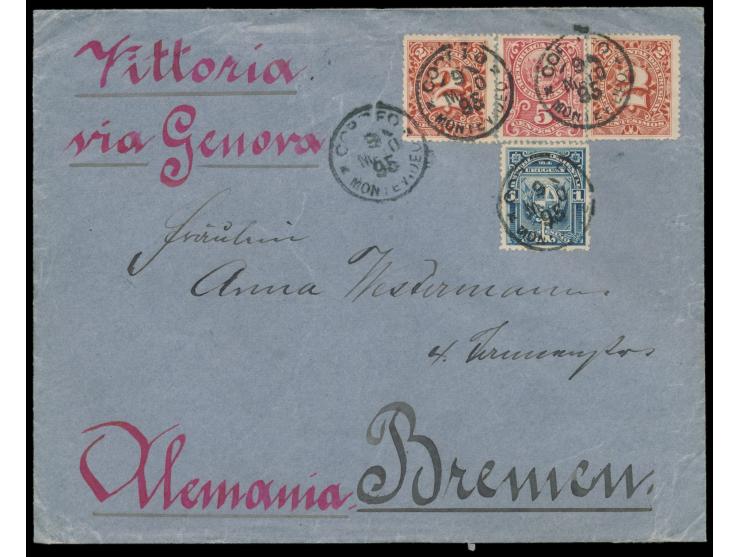 Ausgabe 1894: 1 C., 2 x 2 C. und 5 C. auf Brief mit Stempel Montevideo 9.5.95 nach Deutschland, Ankunftstempel Bremen 31.5.95