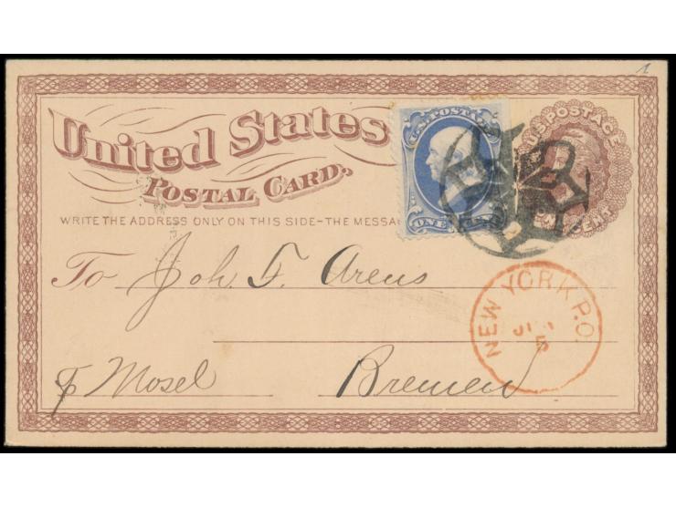 Ganzsache 1 C. braun (1873) mit rückseitigem Textzudruck und Zusatzfrankatur 1 C. Franklin   (rechts ungezähnt) nach Deutschl