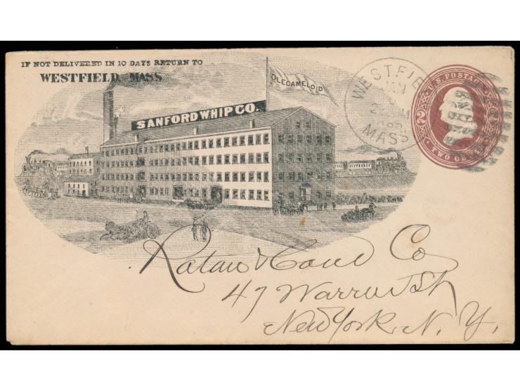 Ganzsachenumschlag 2 C. mit vorderseitig großflächigem &nbsp;Reklamezudruck &quot;Sanford Whip Co.&quot; &nbsp;(Firmengebäude