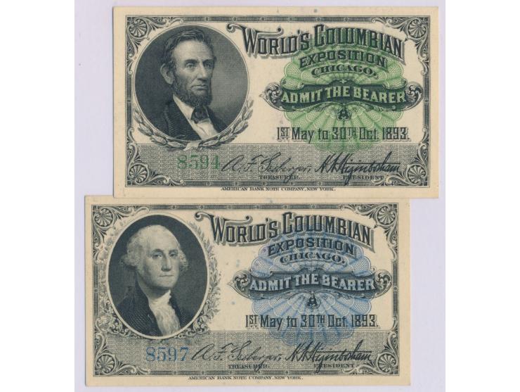 World´s Columbian Exposition Chicago 1893,  zwei verschiedene Eintrittskarten (Lincoln / Washington) in sehr guter Erhaltung
