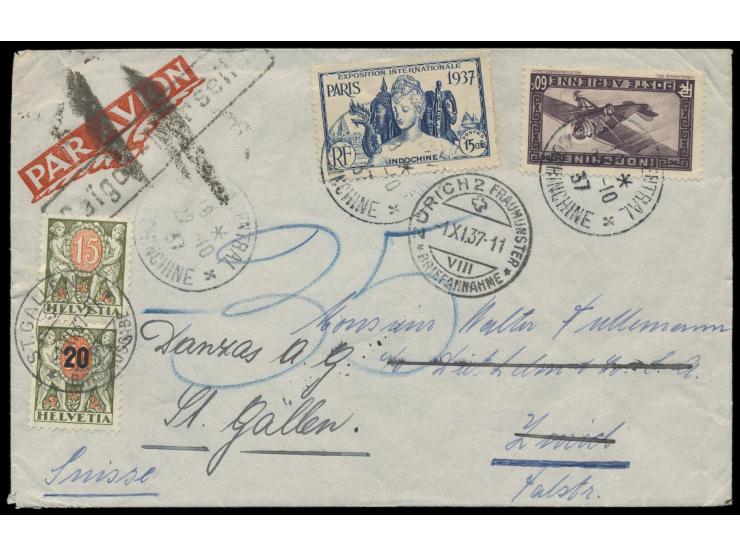 Indochina,  15 C. und 60 C. auf Luftpostbrief  Saigon 20.10.37 in die Schweiz, Ankunftsstempel  Zürich 1.11.37, weiter nach S