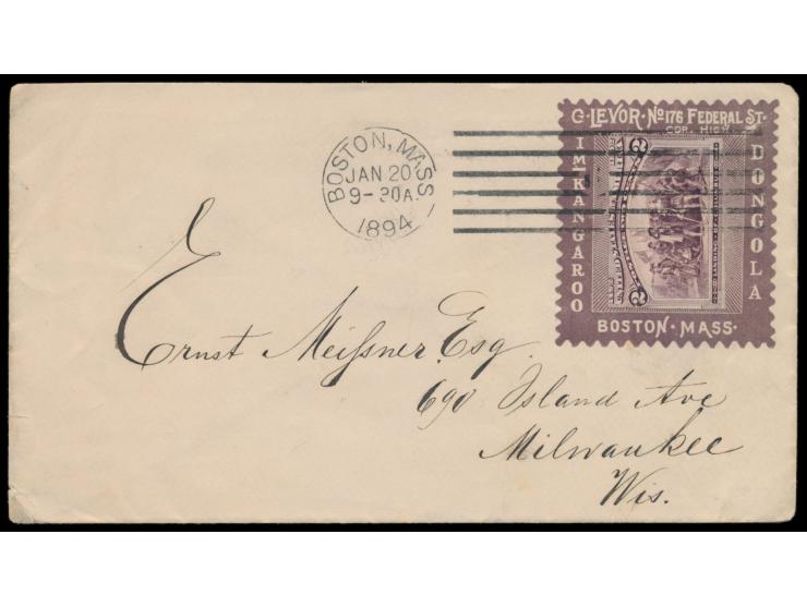 Umschlag mit  Reklamefeld "G. Levor"  mit senkrecht eingeklebter  2 C. Columbus  mit abgeschnittener Zähnung (farbgleich), Ma