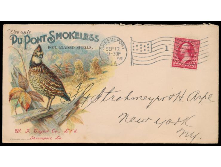 Advertising Cover,  2 Ct. auf Brief mit Reklame  Du Pont Smokeless For Loaded Sells,  Maschinenstempel Shreveport 12.9.1899, 