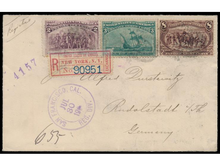 2 und 3 C. Kolumbus mit &nbsp;8 C. Omaha &nbsp;auf &nbsp;Einschreibbrief &nbsp;von San Francisco 30.7.1900 nach Deutschland, 