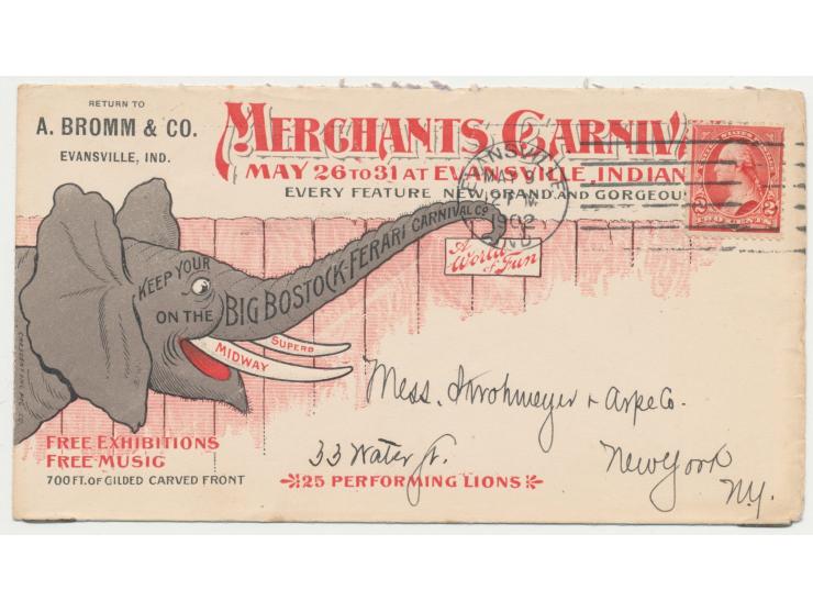 Advertising Cover, &nbsp;2 Ct. auf Reklameumschlag &nbsp;&quot;Merchant Carnival Evansville 1902&quot; &nbsp;mit Abbildung ei