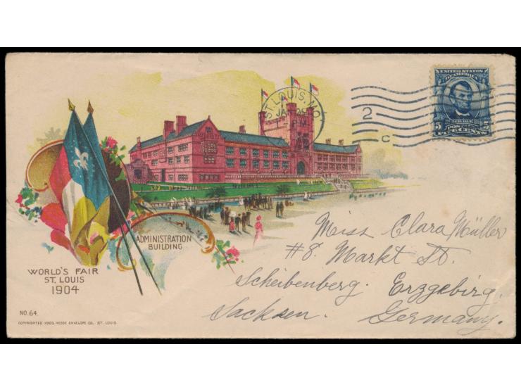 5 C. Lincoln auf mehrfarbigem Bildumschlag  "World´s Fair St. Louis 1904 - Administration Building"  nach Deutschland, Machin