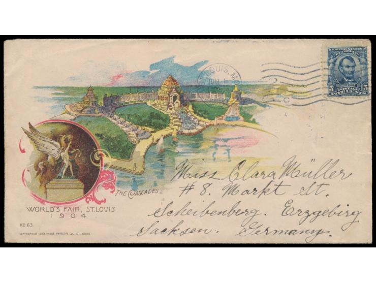 5 C. Lincoln auf mehrfarbigem Bildumschlag  "World´s Fair St. Louis 1904 - The Cascades"  nach Deutschland, Machinenstempel S
