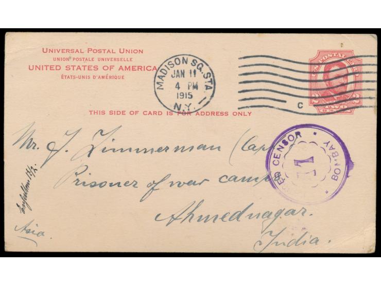 Lot von 4 USA-Ganzsachen aus New York 1914 bis 1916 an den internierten Kapitän des  Dampfers Braunfels  Johann Zimmermann im