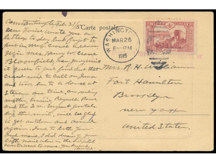 Türkei &nbsp;20 Pra auf Ansichtskarte aus Constantinople nach New York, roter L2 &nbsp;&quot;Received through Departement of 