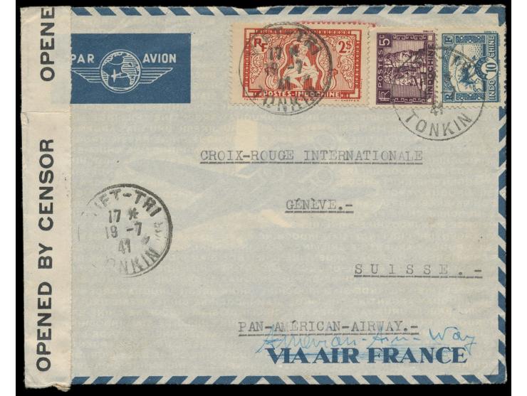 Indochina,  5 C., 10 C. und 2 $ auf Luftpostbrief Air France, Stempel  Viet-Tri  (Tonkin) 19.7.41 in die Schweiz, Transitstem