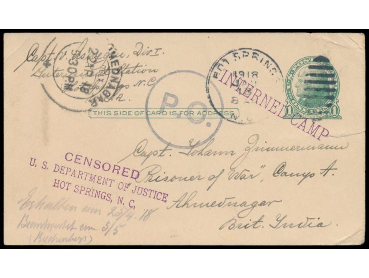 Ganzsache 1 C. mit Stempel  Hot Springs  18.1.1918, violetter L1  Interned Camp  und L3  Censored / U.S. Department of Justic