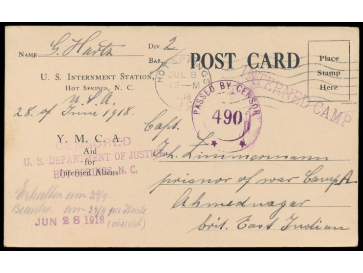 Vordruckkarte  U.S. Internment Station Hot Springs - Y.M.C.A Aid for Interned Aliens,  Maschinenstempel  Hot Springs  8.7.191