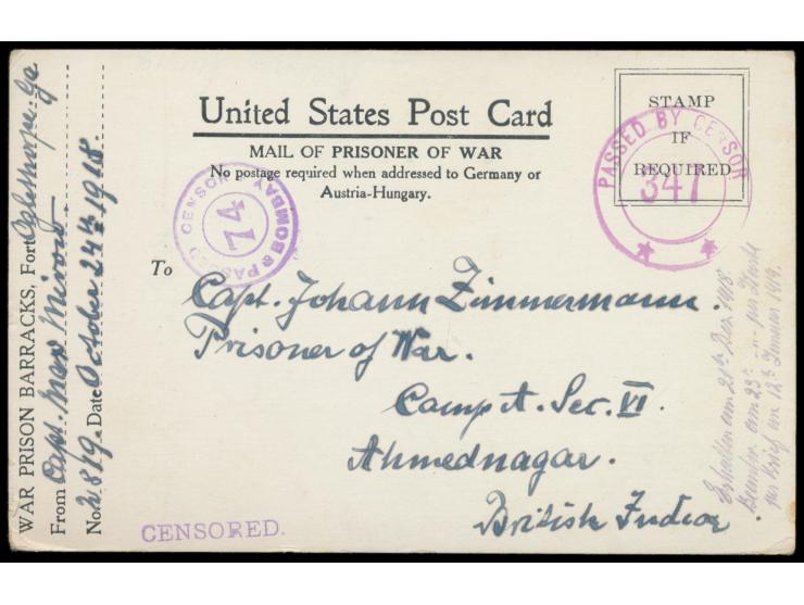 Vordruckkarte "Mail of Prisoner of War" aus dem Lager  Fort Oglethorpe , Absenderangabe "Capt. Max Mirow ... 24.10.1918"on ..