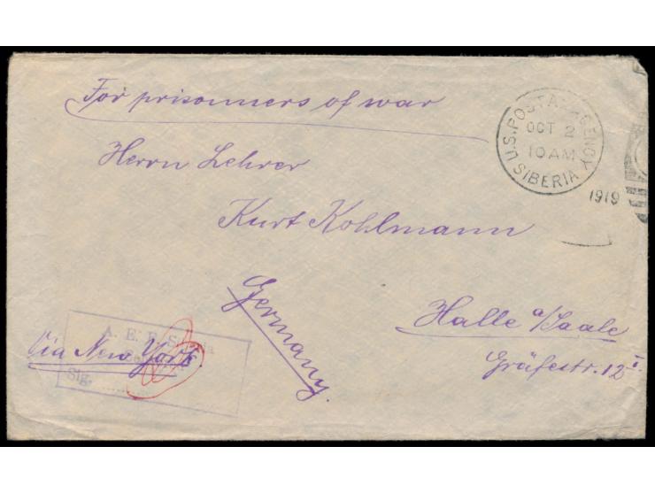 Stempel  U.S. Postal Agency Siberia  2.10.1919 und 17.7.1919 auf zwei Briefen eines Deutschen im  Kriegsgefangenenlager Wladi