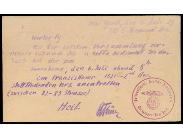 Ganzsache 1 C. mit rückseitig hektografierter Einladung und rotem Dienstsiegel  Nationalsozial. Deutsche Arbeiterpartei / Ort