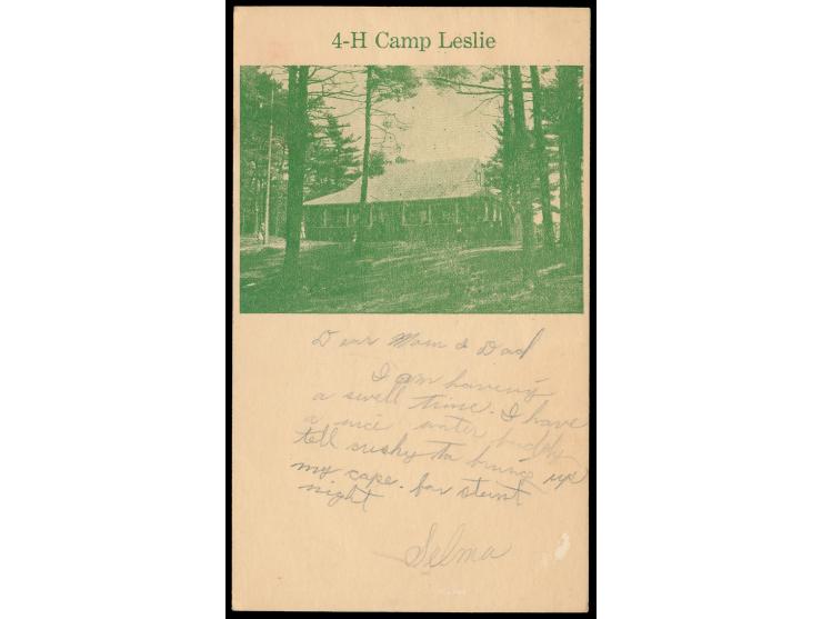 Ganzsache 1 C. Jefferson, rückseitig zugedrucktes grünes Bild  "4-H Camp Leslie" , Maschinenstempel Georgetown, Mass. 17.7.19
