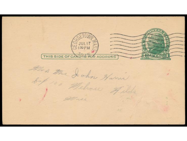 Ganzsache 1 C. Jefferson, rückseitig zugedrucktes grünes Bild  "4-H Camp Leslie" , Maschinenstempel Georgetown, Mass. 17.7.19