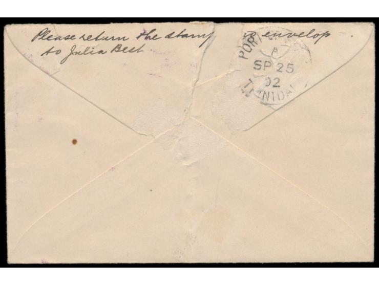 50 C. Bolivar (1899)  diagonal halbiert  auf Brief mit violettem Stempel  Caracas  20.9.  nach Trinidad,  Ankunftstempel Port