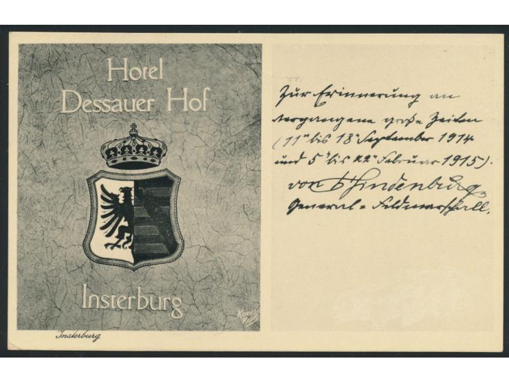 Insterburg,  Hotel Dessauer Hof,   mit gedrucktem Text  Hindenburg zur Erinnerung 1914 ...,  Frankatur 6 Pfg. Hindenburg, Mas