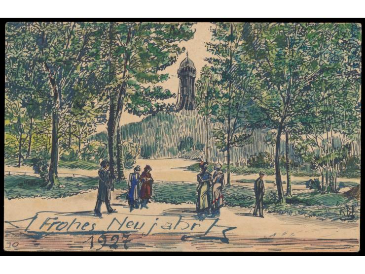 Leipzig,  Postkarte mit Tinten- und Tuschezeichnung einer Parkszene, mehrfarbig, monogrammiert "RBI" (?), Frankatur 8 Pf., St