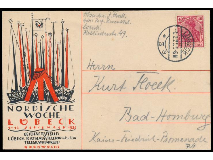 Nordische Woche Lübeck 1921,  Werbekarte mit dem Plakatentwurf von  Alfred Mahlau  (1894 - 1967), Frankatur 40 Pf., Stempel L