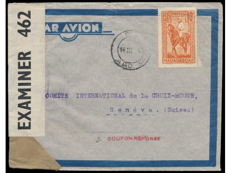 Madagaskar, &nbsp;Einzelfrankatur 10 F. auf Luftpostbrief 19.3.43 an das Rote Kreuz in der Schweiz, roter Z1 Coupon reponse, 