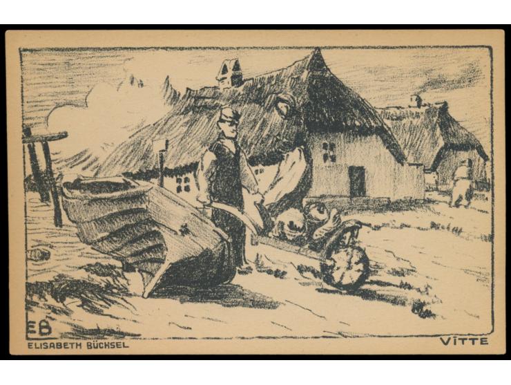 Rügen,  8 verschiedene Postkarten mit Bildern von Vitte, Hiddensee, Neuendorf usw., Schwarz-Zeichnungen signiert von  Elisabe