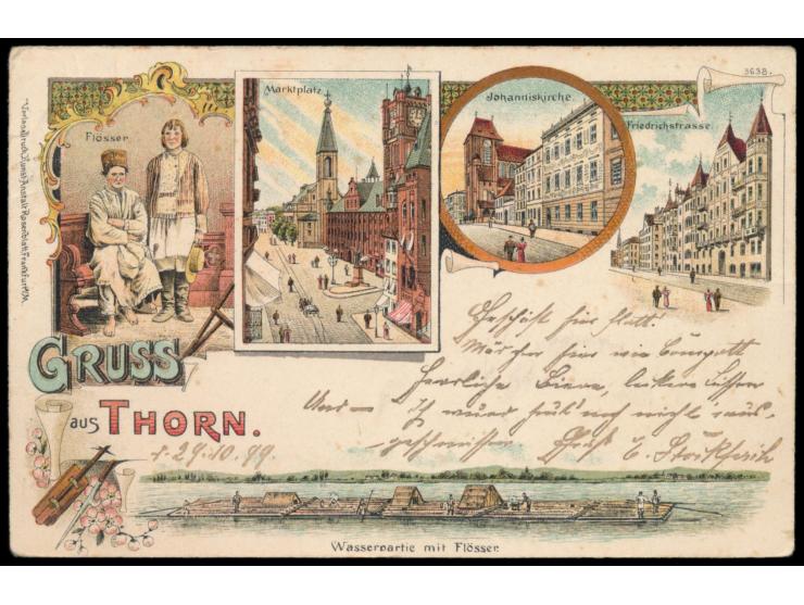 Thorn,  Westpreußen, Litho-Ansichtskarte mit fünf Teilbildern, u.a.  Flösser auf der Weichsel,  Frankatur 5 Pfg. Krone/Adler,