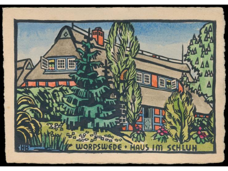 Worpswede - Haus am Schluh  (Wohnhaus von Heinrich Vogeler), Holzschnitt von  H. Bogenrieder,  Signatur "HB", mehrfarbig aqua