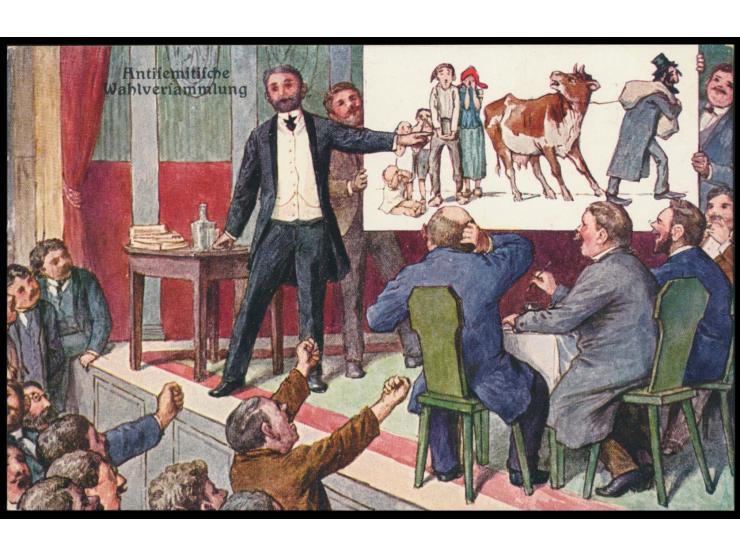 Ansichtskarte aus einer Serie von Politiker-Karikaturen ohne Signatur:  "Antisemitische Wahlversammlung" , ungebraucht, ca. 1