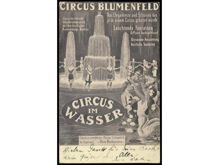 Circus Blumenfeld "Circus im Wasser",  Reklamekarte des jüdischen Familienunternehmens aus Magdeburg, Frankatur 5 Pfg. German