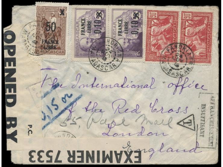 Madagaskar, &nbsp;2x 90 C. Zebu und 3x Freimarken France Libre &nbsp;an das Rote Kreuz in London, Luftpostbrief Fandriana 24.
