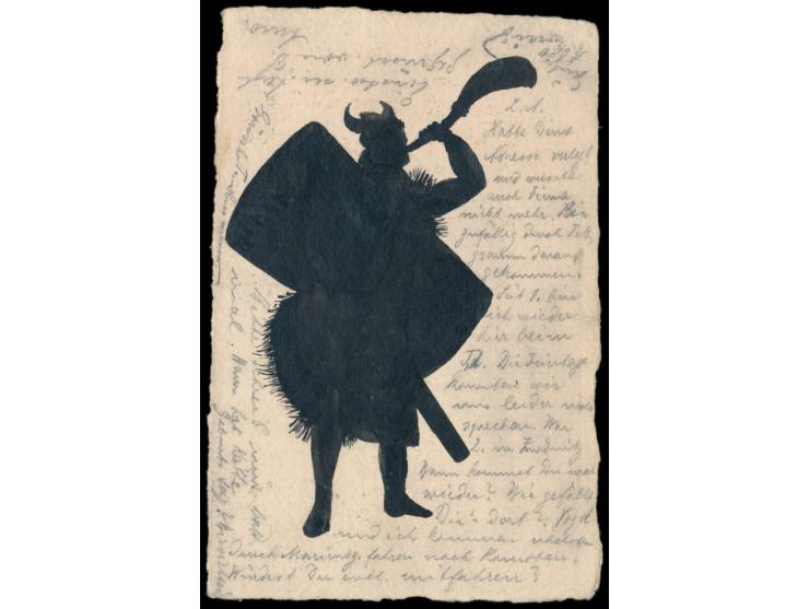 Postkarte mit schwarzer  Tuschezeichnung  in Form eines Scherenschnitts eines Germanen oder Wikingers. Frankatur 5 Pf., Stemp
