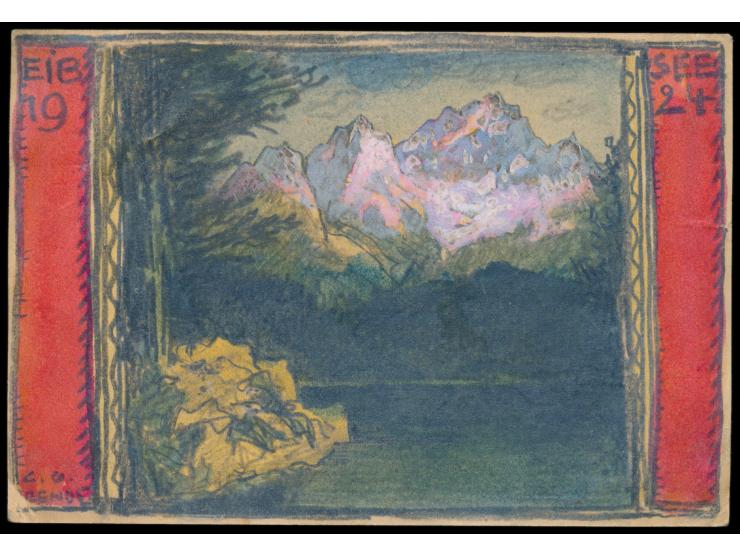 Arends, Karl Oskar  (deutscher Landschaftsmaler 1863 - 1932), handgemalte Ansichtskarte (Kreide und Tusche):  Eibsee 1924,  a