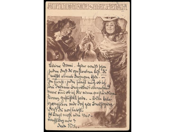 Reklamekarte für das  American Hotel 4 Jahreszeichen München,  Signatur von Theatermaler  Paul Rieth  (auch Zeitschrift Jugen