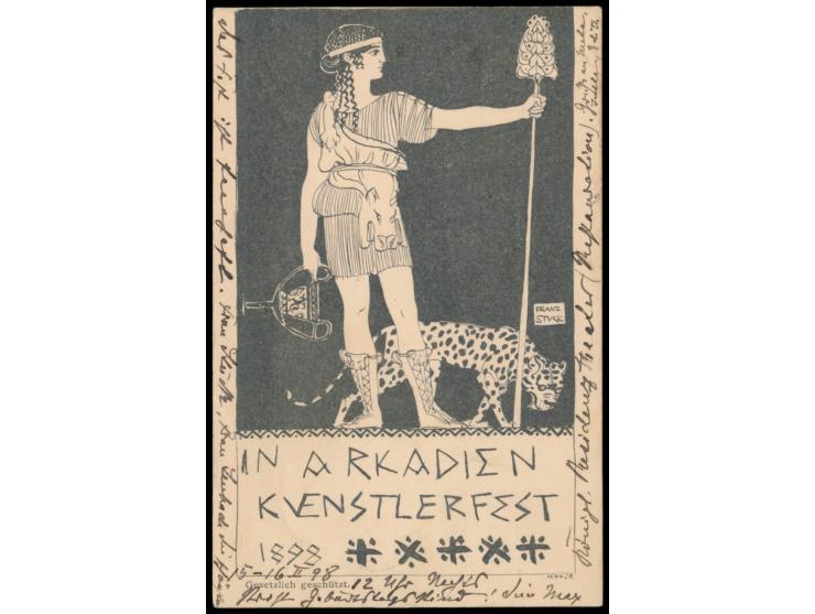 München, Künstlerfest in Arkadien 1898,  sign. Franz Stuck,  violetter Nebenstempel 15.Februar 1898 Arkadien, mit 5 Pfg. Wapp