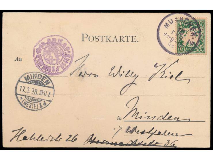 München, Künstlerfest in Arkadien 1898,  sign. Franz Stuck,  violetter Nebenstempel 15.Februar 1898 Arkadien, mit 5 Pfg. Wapp