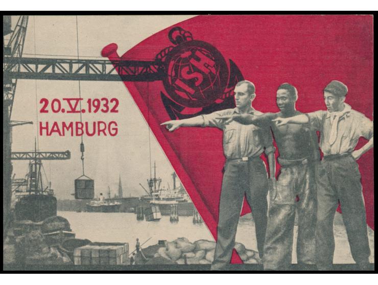 Hamburg 20.V.1932, Einheitskongreß des Wassertransportproletariats der Welt, &nbsp;Propagandakarte mit Fotomontage im Stile v