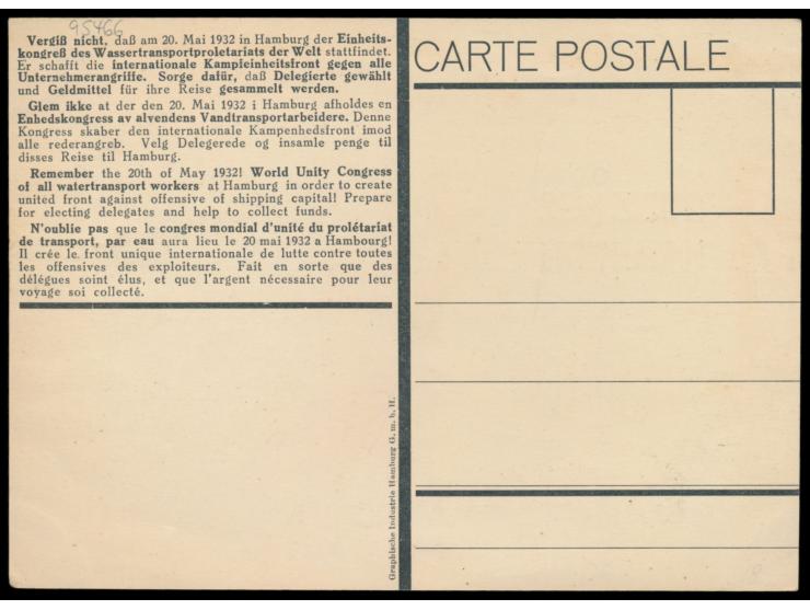 Hamburg 20.V.1932, Einheitskongreß des Wassertransportproletariats der Welt, &nbsp;Propagandakarte mit Fotomontage im Stile v