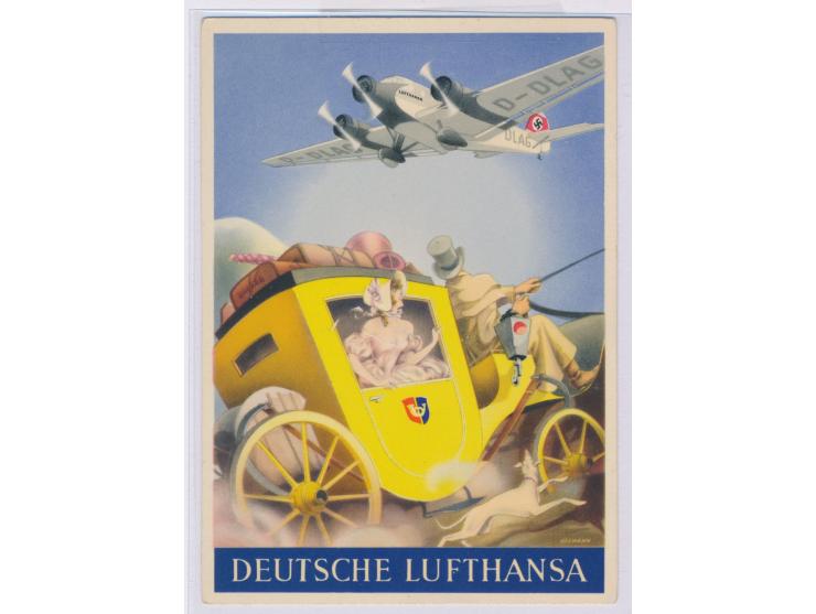 Deutsche Lufthansa,  mehrfarbige Werbekarte mit Flugzeug (JU 52) über Postkutsche, Künstler-Signatur Ullmann, ungebraucht
Sti