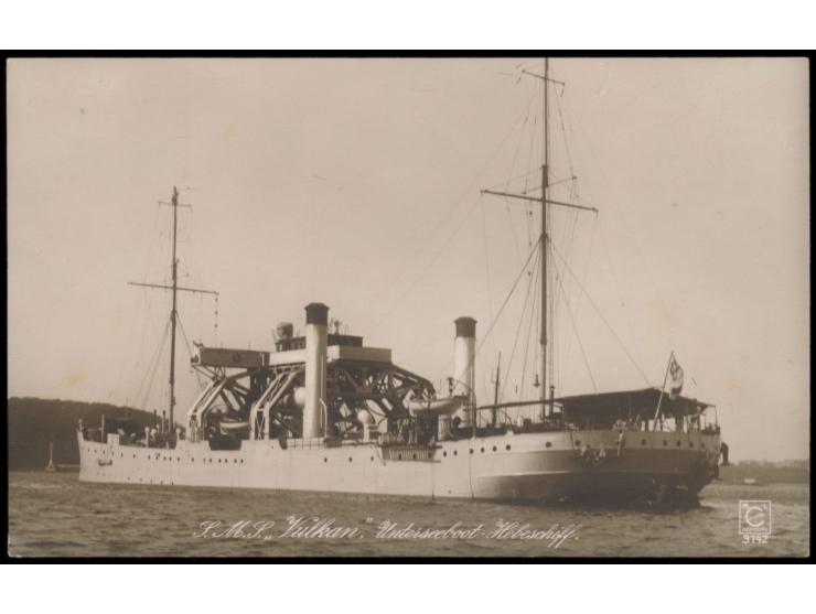 Foto - Ansichtskarte  SMS Vulkan Unterseeboot Hebeschiff,  Stempel Lehe 28.8.14, als Feldpost nach Delligsen. Bedarf. SMS Vul
