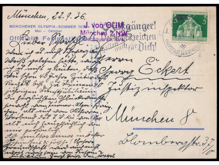 München - Olympia-Sommer 1936,  Künstlersignatur Ehrenberger, München, Frankatur 5 Pf., Maschinenstempel München 4.9.36, Orts