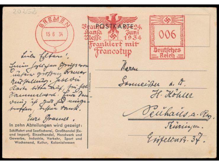 Braune Hansa Messe  9.-24. Juni 1934 Bremen (Leuchtturm Roter Sand), mehrfarbige Propagandakarte mit anlassbezogenem  Absende