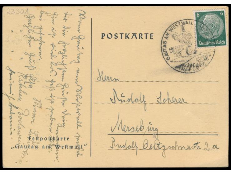 Gautag am Westwall,  Kaiserslautern 1. und 2. Juli 1939, Propagandakarte von F.K. Franck, Frankatur 6 Pf. Hindenburg und ents