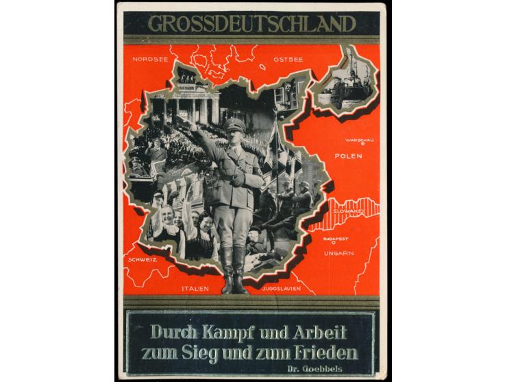 Propagandakarte "Grossdeutschland", Landkarte mit Fotomontage, unterer Text mit Goebbels-Spruch überklebt, frankiert mit 12 P