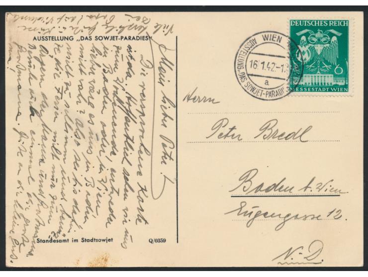 Sonderkarte  Sowjet-Paradies, Bild Standesamt im Stadtsowjet,  mit 6 Pfg. Messe Wien, Sonderstempel Ausstellung Wien Sowjet-P