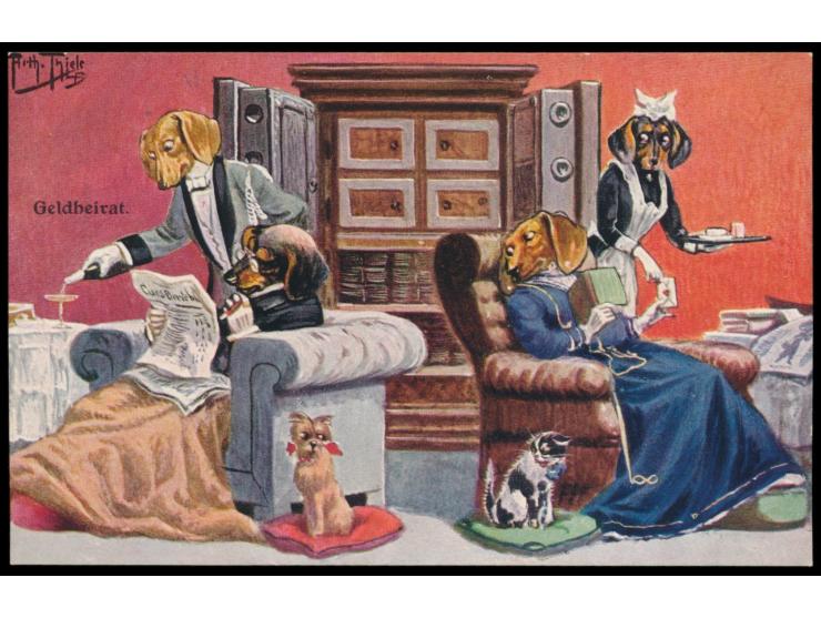 Hunde (Dackel) in vermenschlichter Darstellung:  Lot von 7 Künstler-Ansichtskarten, dabei 4 mit Signatur Arthur Thiele, 3 ohn